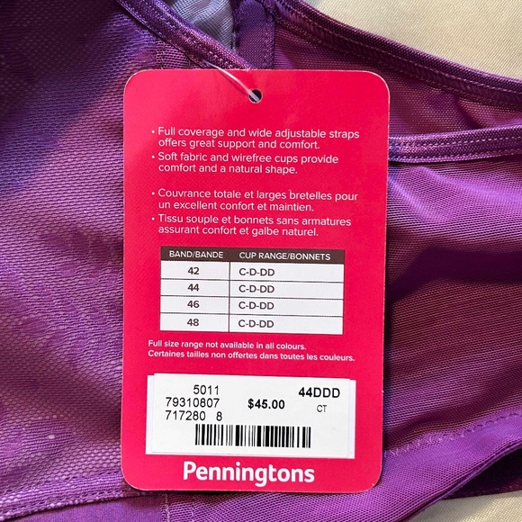 FLOWERED BRA, SIZE 44DDD, PURPLE, HOOKS IN BACK, BY PENNINGTONS, HAS SPANDEX, - Picture 2 of 6